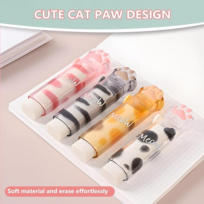 Retractable Pencil Eraser, Cute Erasers,Kawaii Cat Paw Eraser,Suitable for School Home Office Supplies, 4Pcs