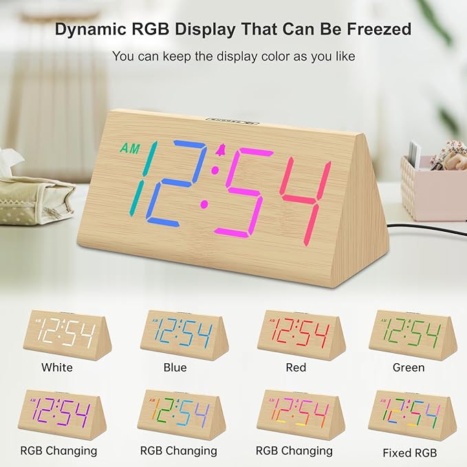 DreamSky Wooden Digital Alarm Clock for Bedroom - RGB Electric Desk Clock with Large Numbers, USB Port, Loud Alarm for Heavy Sleepers, Dimmer and Volume Control, Snooze, Wood Décor, Adapter Powered