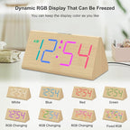 DreamSky Wooden Digital Alarm Clock for Bedroom - RGB Electric Desk Clock with Large Numbers, USB Port, Loud Alarm for Heavy Sleepers, Dimmer and Volume Control, Snooze, Wood Décor, Adapter Powered