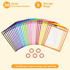 Gamenote 30 Pack Dry Erase Pockets with 5 Rings, 10 Assorted Colors 10x14 Oversized Reusable Plastic Sleeves, Clear Sheet Protectors, Teacher Supplies for Classroom Organization