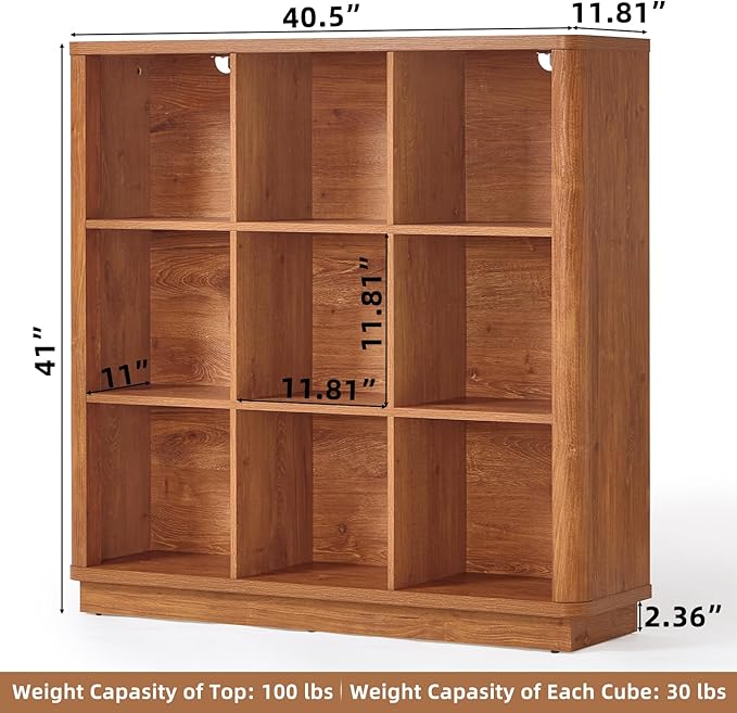 Joaxswe 9 Cube Storage Book Shelf, 41" Tall Organizer Bookshelf with Curved Edge, Wood Floor Standing 3-Tier Cubby Bookcase with Base, Country Rustic Display Book Case for Library, Office, Brown