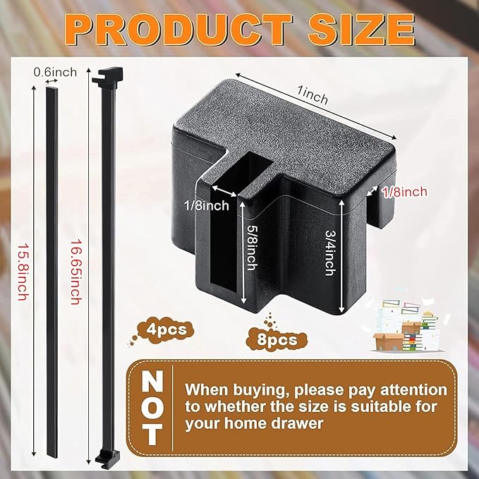 Epakh 4-Piece PVC Black Hanging File Folder Rails with 8 Clips, 1 x 0.75 x 0.75 Inches (Hooks), 15.75 x 0.59 x 0.13 Inches (Rails), Office, Home Use