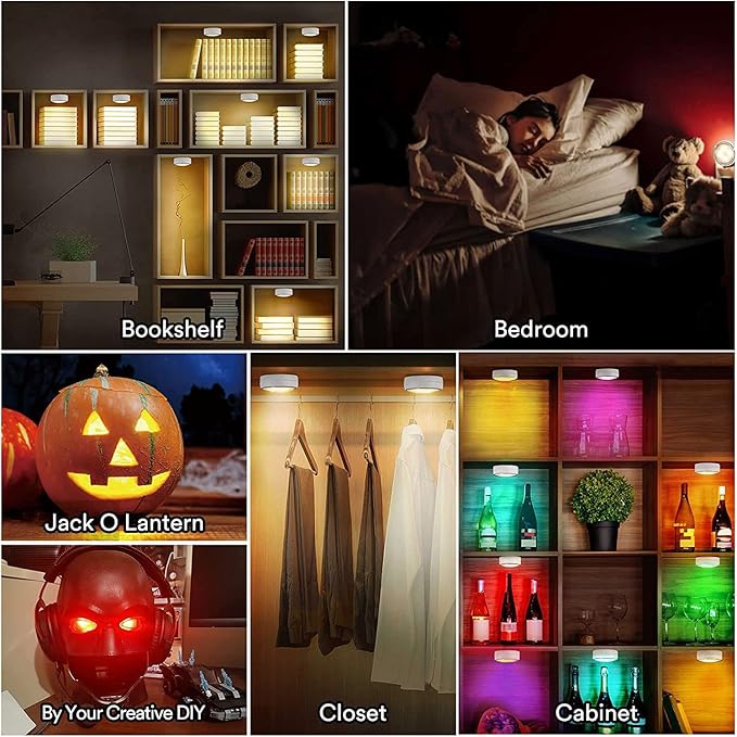 Onumii LED Puck Lights Battery Operated LED Under Cabinet Lighting Wireless Stick on Tap Lights with Remote Controll Color Changing Timer Function for Cabinets, Shelves, Closets - 6Pack White