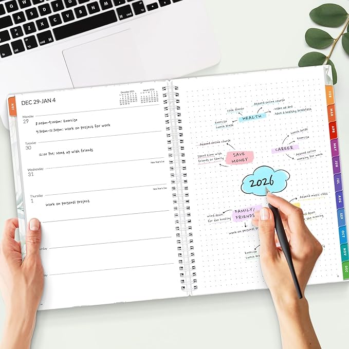 SUNEE 2026 Planner, Weekly and Monthly Calendar Planner, January 2026-December 2026, Daily Agenda with Tabs, Note Pages, Spiral Binding, 8.5"x11", Leaf