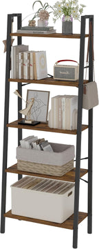 Hzuaneri Ladder Shelf, Bookshelf Bookcase, Freestanding Corner Storage Shelve with 2 Hooks for Home Office, Living Room, Kitchen, Bedroom, Industrial, 11.8" D x 23.6" W x 63" H, Rustic Brown BC19301B