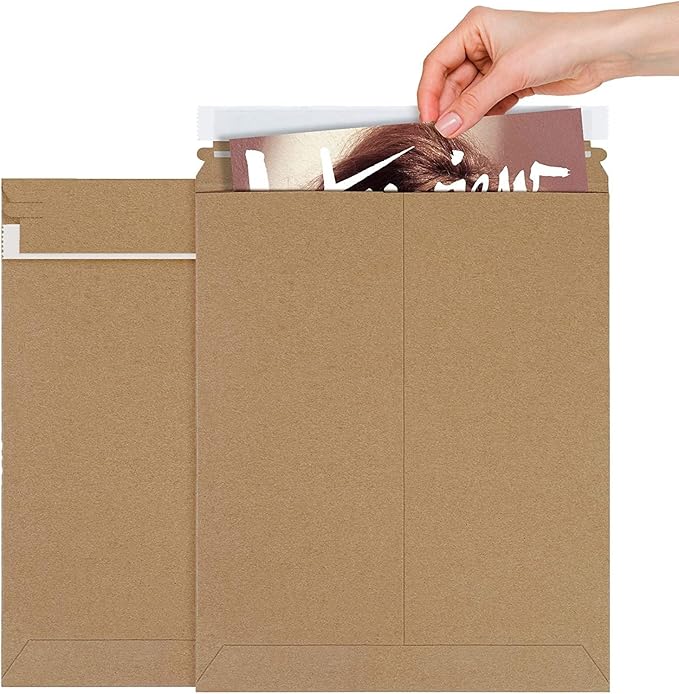 APQ Supply Natural Brown Rigid Mailers, 11 x 13.5 Inch. Pack of 10 Cardboard Envelopes for Photos, Documents. Sturdy Stay Flat Mailers with Self-Seal Closure. Hard Rigid Shipping Envelopes