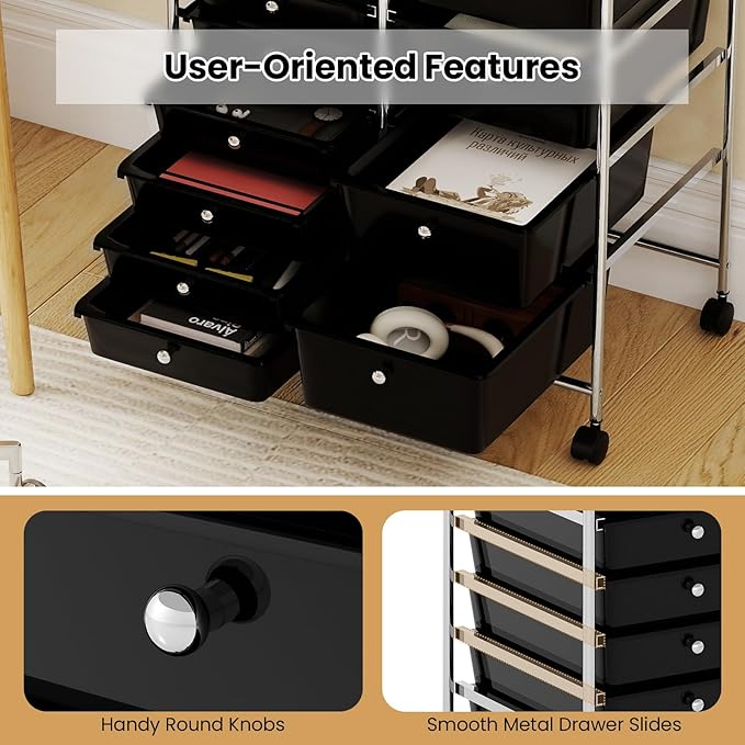 Giantex 15 Drawer Rolling Cart with Drawers, Storage Organizer Cart for Classroom Office School Teacher, Mobile Drawer Cart for Tools, Crafts, Small Printer, Black