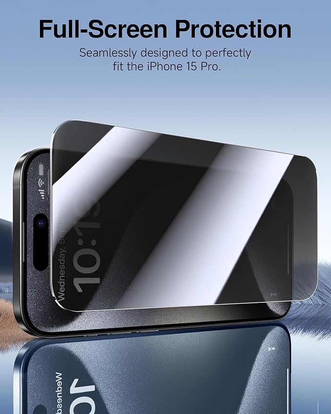 SMARTDEVIL 2 Pack for iPhone 15 Pro Privacy Screen Protector, Military Grade Shatterproof, 9H Hardness, Anti-Spy Tempered Glass, Fast & Easy Instlltion, Case Friendly