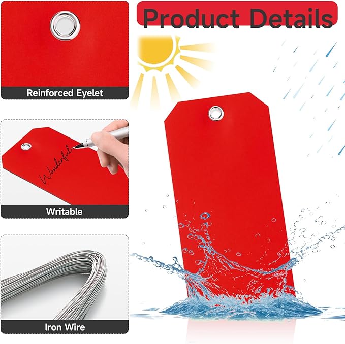 500 Plastic Shipping Tags with Wire - Waterproof Heavy Duty Labels with String Wires - Red, 3x6