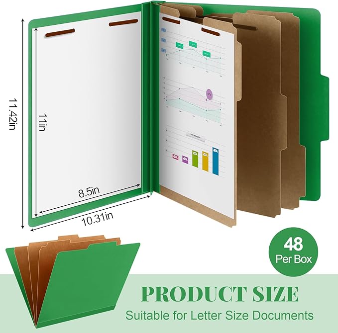 Skyygemm 48 Pcs Classification Folders Letter Size, 3 Divider Pressboard File Folder with Fasteners, Expanding File Organizer Bulk for School Teachers, Office Employee, Coworker, Staff (Green)