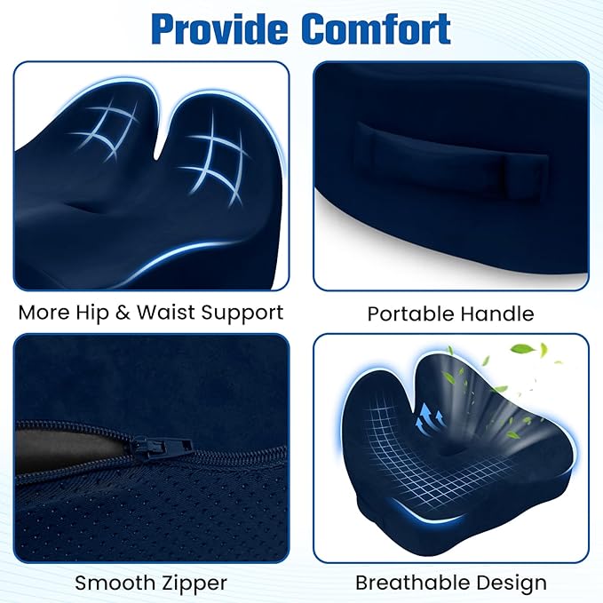 DailyCuddles Seat Cushion, Chair Cushions for Office Chairs/Desk Seats/Wheelchair - Hip&Sciatica&Tailbone Pain Relief Memory Foam Office Chair Cushion for Long Sitting Office Workers, Blue