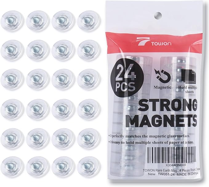TOWON Rare Earth Magnets Large, Strong Magnets for Glass Whiteboard and Dry Erase Board, 24 Pieces Round Clear