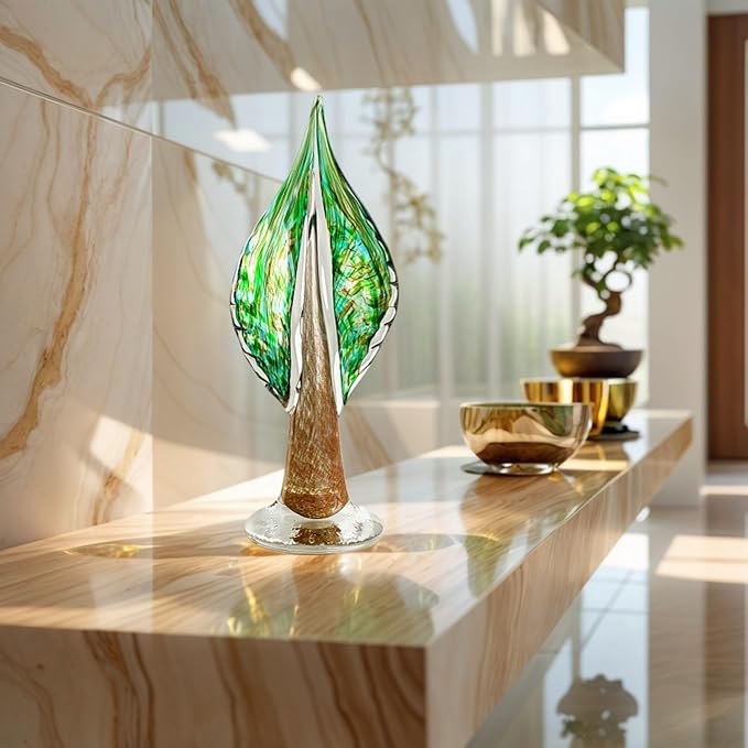 QFkris Blown Glass Tree of Life Leaf Sculpture for Home Decor, 12inch Hand Blown Glass Art Decorative Statue for Book Shelf Living Room Office Desk Home Decoration Accents Collectible Figurines