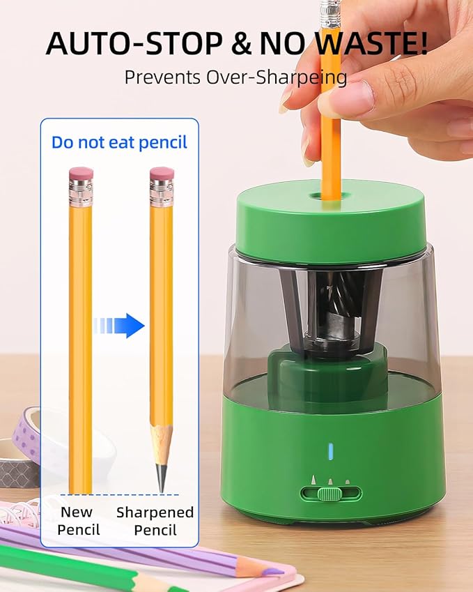 ZMOL Electric Rechargeable Pencil Sharpener, Automatic Pencil Sharpeners Kids, Battery Pencil Sharpeners for Colored Pencils, Auto Stop, Suitable for No.2(6-8mm), Classroom/Home Green