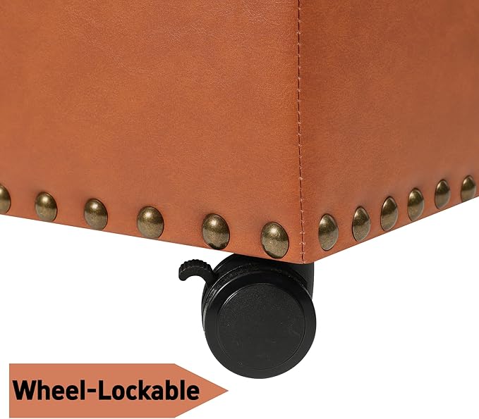 Decent Home 24" Square Ottomans with Storage, Leather Ottoman with Storage with Lockable Wheels and Hight Loading, Foot Stool Ottoman with Wheels for Makeup Room, Dorms and Apartments (Orange Brown)