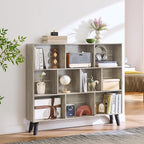 LEYAOYAO 10 Cube Bookshelf,3 Tier Modern Wide Bookcase with Legs,Mid-Century Wood Bookshelves Storage，Retro Grey Large Book Case,Freestanding Organizer Display Shelf for Bedroom,Living Room,Office