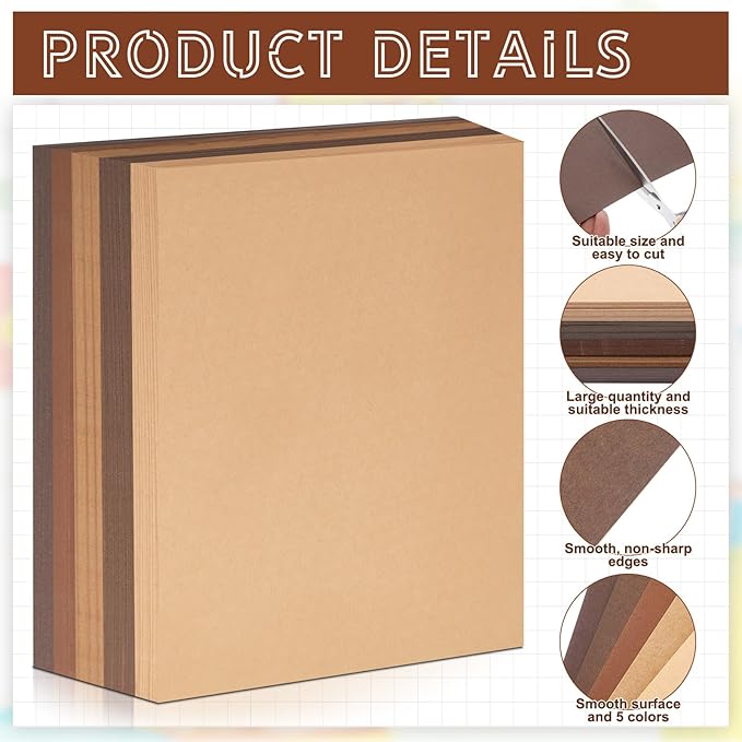 Sinmoe 200 Sheets 5 Shades Cardstock Paper 8.5 x 11 Inches 180gsm Solid Core Printer Paper for Scrapbooking DIY Arts Crafts Making Office Home Supplies (Brown Series)