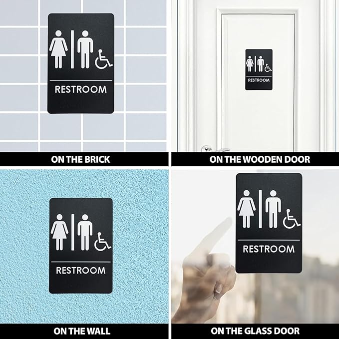 USA Made - Men's and Women's Restroom Signs ADA-Compliant Bathroom Door Signs for Offices, Businesses, and Restaurants, Black, Blue, Grey and Taupe/Tan Colors (Black Handi-Unisex)