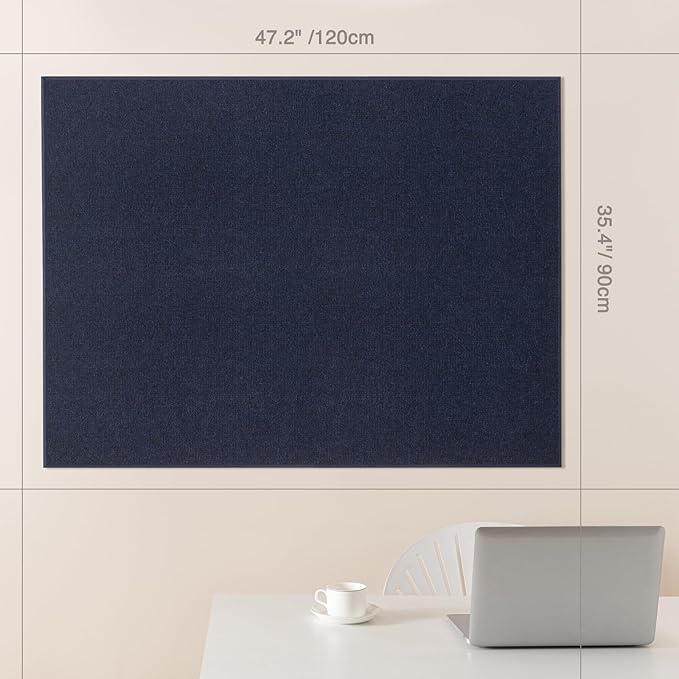 Thickened Bulletin Board - 47 x 35 Inches, Decorative Felt Board Pin Board for Wall - 4' x 3' Foldable Photo Display Board with Self-Adhesive Tape, Includes 20 Push Pins - Dark Blue