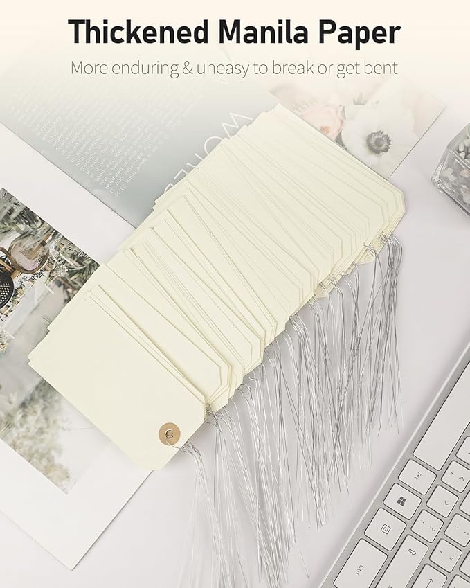 Uniclife 100 Pcs Manila Tags Blank Shipping Tag with Wire Attached 4.7 Inch Paper Hang Tag with Reinforced Eyelet Large Marking Writable Price Tags Inventory Label, 4.7" x 2 3/8"