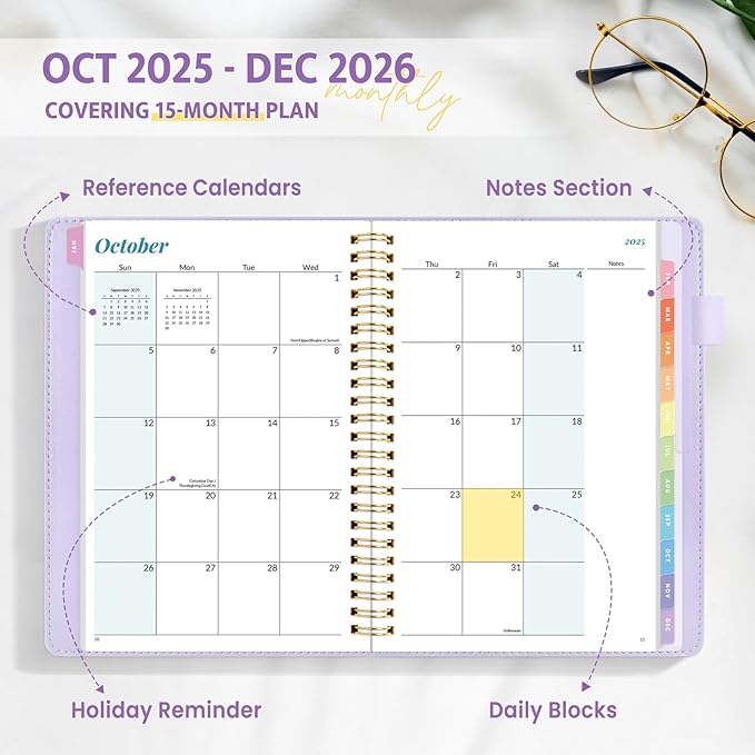2026 Planner, Annecy Weekly ＆ Monthly Planner 2026, Jan. 2026 – Dec. 2026, 6.4" x 8.5" Monthly Agenda Planner with Tabs, Vegan Leather Cover, Spiral Binding, Double-sided Pocket, Bookmark, Purple