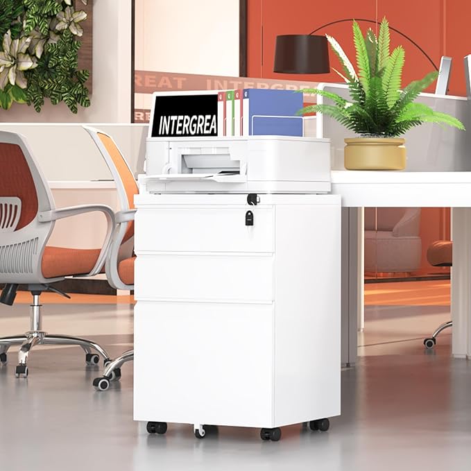 INTERGREAT 3 Drawer Mobile File Cabinet with Lock, Metal Filing Cabinets for Home Office, Rolling Under Desk Organizer for Letters/Legal/A4, (Fully Assembled-White)