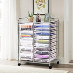 LDAILY 15 Drawer Rolling Storage Cart, Rolling Cart with Drawers for Classroom, Art Supply Craft Organizer on Wheel with Metal Frame & Handles for Home Office School