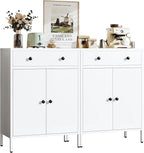 TaskStorz Metal Storage Cabinet with Drawer and Adjustable Shelf, 2-Piece Set White Steel Sideboard Buffet Cabinet, Coffee Bar Cabinet for Kitchen, Dining Room, Entryway
