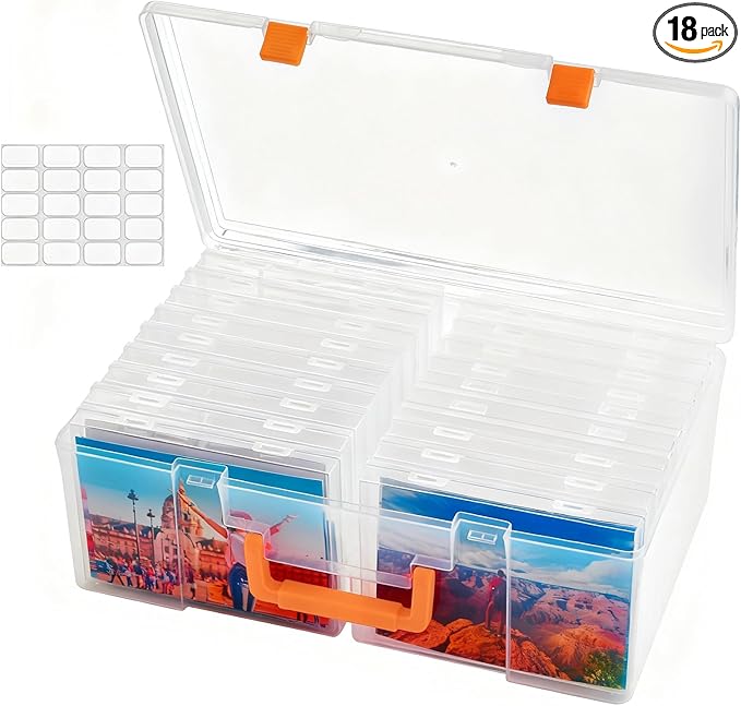 Photo Storage Box 5 x 7 Inches, 18 Inner Photo Cases with Dividers, Clear Acid-Free Photo Storage Containers with Handle, Photo Organizer Craft Keeper for Stickers, Craft, Stamp