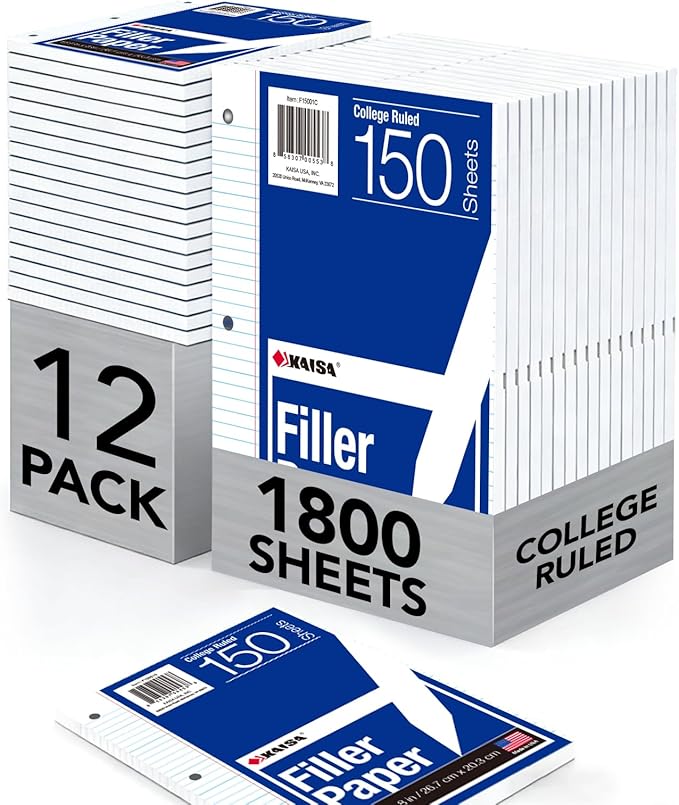 Kaisa Filler Paper Notebook Paper College Ruled 8"x10.5" Loose Leaf Paper for 3-Ring Binders 150 Sheet/pack,12pack (Total 1800 Sheets)