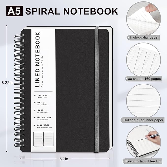 ABERLLS Black Lined Spiral Journal Notebook with 160 Pages, 8×5.7in, A5 Spiral Notebooks, Journaling Notebooks for Work, School, Women, Men, College Ruled Notebook, Hardcover Leather Journals