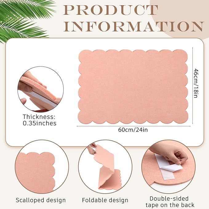 Mooliwe Scalloped Felt Bulletin Board 24 x 18 Inches Foldable Light Pink Pin Cork Board Alternative for Wall, 2' x 1.5' Trifold Picture Vision Self Adhesive Bulletin Decorative