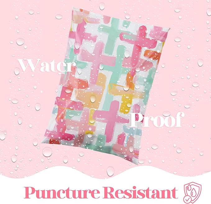 Pretty Package Store 14.5x19 Designer Poly Mailer 100 Pack Heavy Duty Waterproof Self Seal Shipping Bags for Small Business Large Mailing Envelopes Bulk Tear Resistant Packaging Pastel Crosses Faith
