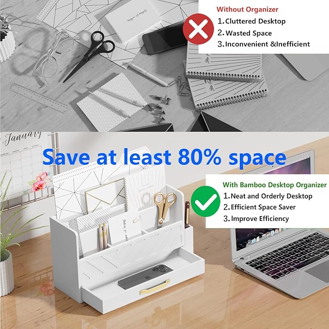 WISUCART Bamboo Desk Organizer Mail Holder Countertop Wood Desk Drawer Tabletop Storage Box Pen Holder Letter Sorter Makeup Organizer for School Home Office Supplies with Pen Holder White