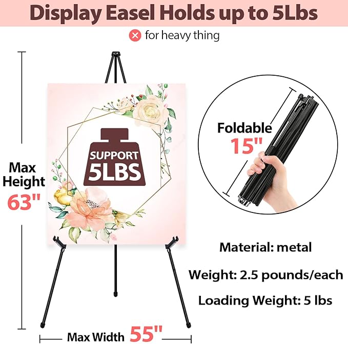 VAIIGO Black Easel Stand for Wedding Signs, Posters & Paintings - 63" Adjustable Portable Display Easel for Welcome Signs, Art Canvas, Pictures - Folding Tripod Stand with Carry Bag (1 Pack)
