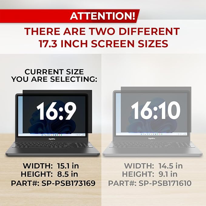 SightPro 17.3 Inch 16:9 Laptop Privacy Screen Filter - Computer Monitor Privacy Shield and Anti-Glare Protector