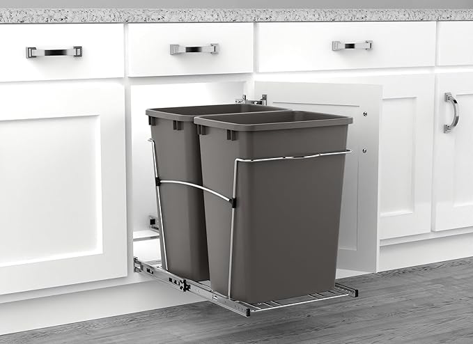 Rev-A-Shelf RV-18KD-13C-S Double Pullout Trash Can for Kitchen Cabinets 35 Quart Garbage Recycling Bin on Full Extension Slides, Gray