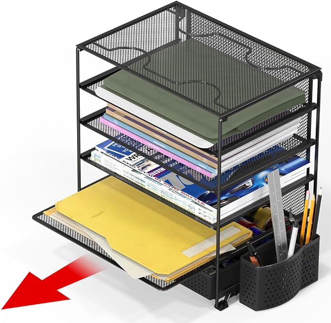 Simple Houseware 5-Tier Document File Tray with Supplies Sliding Drawer and Pen Bucket, Black