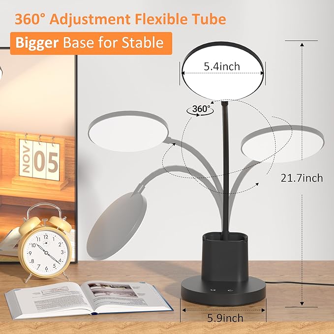 Vicsoon Desk Lamp, LED Desk Lamp for Home Office, Touch Table Lamp with 3 Color Modes 360° Adjustable Arm, Dimmable Desk Light with Pen Phone Holder, Black