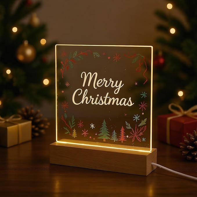 FRELWIM 5.9 x 5.9 Inch Warm LED Message Memo Note Board with Colors, Clear Acrylic Desktop Light Up Dry Erase Drawing Writing Board with Stand