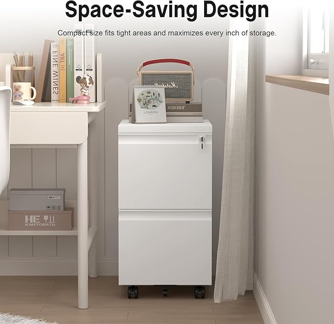 HOMOFFICE 2 Drawer File Cabinet with Lock, Metal Mobile Filing Cabinet on Wheels, Compact Desk Side Storage Cabinet for Home Office, Letter/Legal/A4 File Organizer with Anti-Tip Wheel (White)