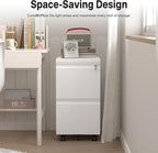 HOMOFFICE 2 Drawer File Cabinet with Lock, Metal Mobile Filing Cabinet on Wheels, Compact Desk Side Storage Cabinet for Home Office, Letter/Legal/A4 File Organizer with Anti-Tip Wheel (White)