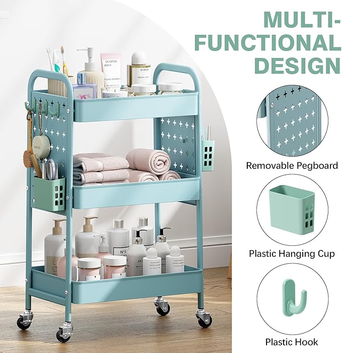 KINGRACK 3 Tier Rolling Cart with DIY Hanging Board, Metal Rolling Utility Cart with Wheels Handles Baskets Hooks, Rolling Storage Cart Suitable for Bathroom, Kitchen, Office, Nursery Diaper（Blue）