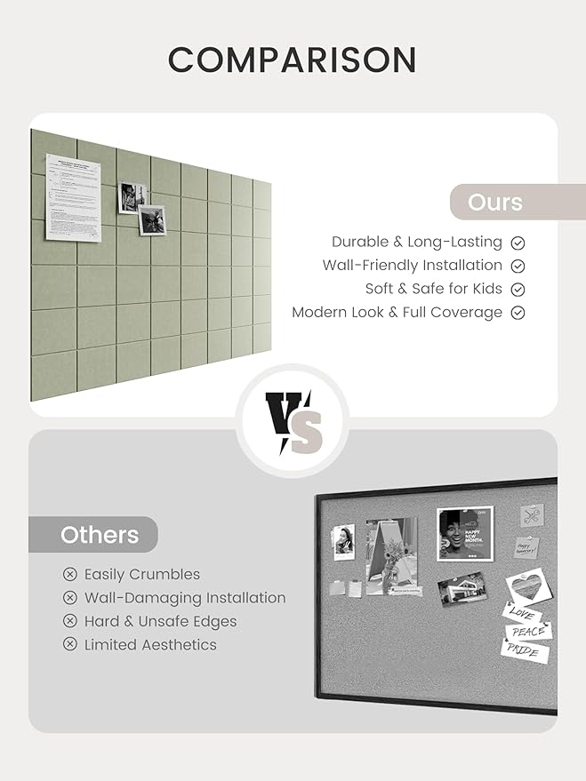 Bumusty Large Cork Board Alternative-47 x35 Felt Bulletin Board Tiles, with 30 Pushpins, 70 Adhesive Tabs, 12-Pack Slat Wall Paneling, Cork Boards for Office Push Pin Board Felt Board-Sage