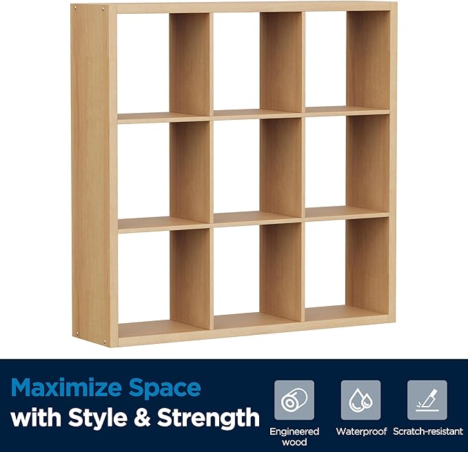 Jpiziso 9-Cube Storage Organizer, Wooden Cube Shelf Bookcase with Reinforced Thick Shelves, Heavy-Duty 36.93" L x 9.37" W x 36.93" H, for Living Room Bedroom Home Office, Natural-Oak
