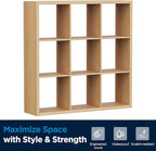 Jpiziso 9-Cube Storage Organizer, Wooden Cube Shelf Bookcase with Reinforced Thick Shelves, Heavy-Duty 36.93" L x 9.37" W x 36.93" H, for Living Room Bedroom Home Office, Natural-Oak