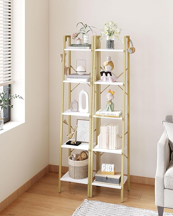 Hzuaneri Ladder Shelf, Bookshelf Bookcase, Freestanding Corner Storage Shelve with 2 Hooks for Home Office, Living Room, Kitchen, Bedroom, Industrial, 11.8" D x 13.4" W x 63" H, White Gold BC03213G