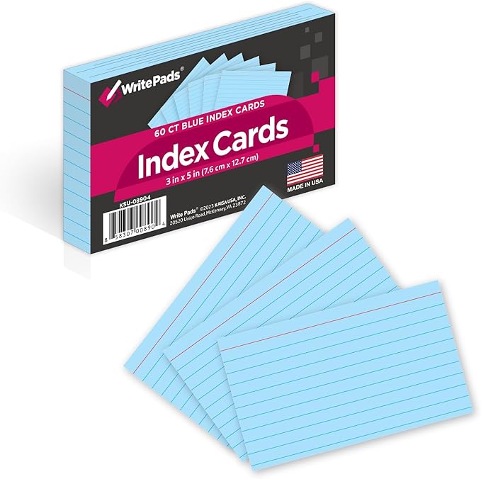 KAISA Colored Index Card Heavyweight Flashcards, 3"x5" Index Cards Ruled on Front, Blank on Back Index Cards, Blue 3 pack of 60 Count(Total 180CT)
