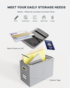 Oterri Hanging Filing File Box with Mesh Pocket, File Organizer Box with Lid, Collapsible Document Organizer Box for Letter Size, Easy Slide Durable Storage Box for Office/Decor/Home (2 PCS, Grey)
