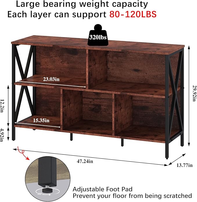Horizontal Bookshelf,Industrial Modern 5 Cube Low Wide Cubby Bookcase with led Light,Long Wood and Metal Storage Organizer Open Shelf, Book Shelf Bedroom Storage for Home Office Living Room(Brown)